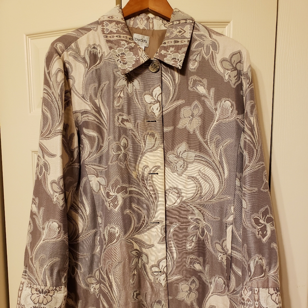 Chico's Duster style jacket L gray silver and taupe patterned